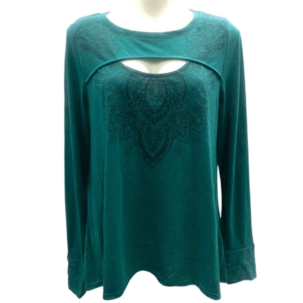 Roper Women's Green Black Screen Print Cut-Out Long Sleeve Western Top XL NWT